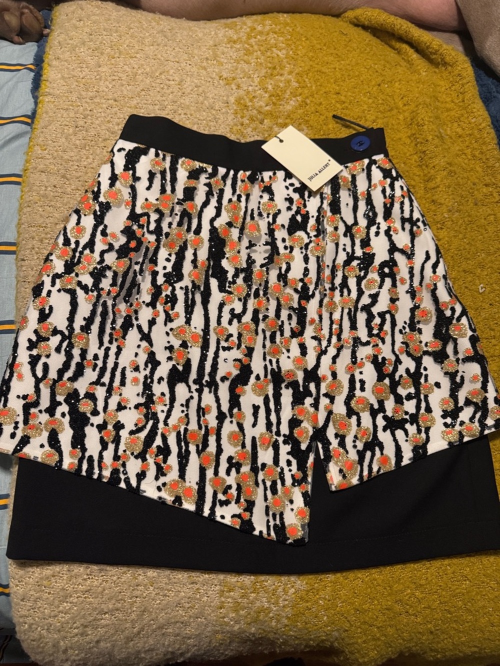 Floral-Embellished Mini Skirt - Black/White with Coral Accents